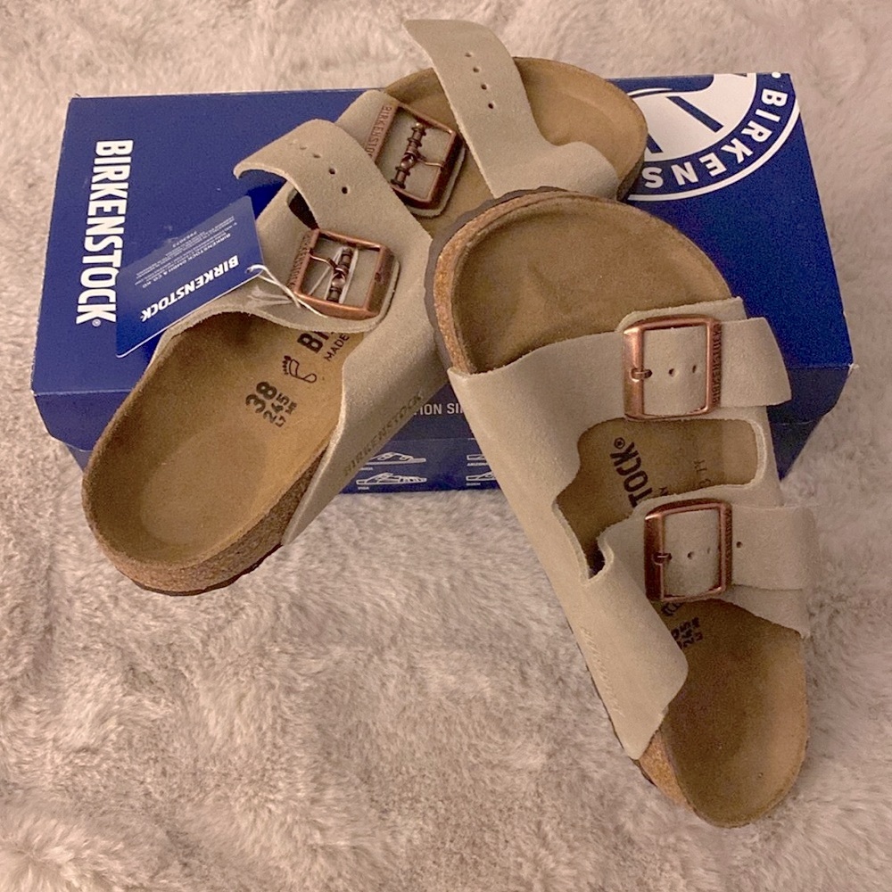 Nearly New with Box & Tags Birkenstock Arizona Suede Slides - Taupe 38 - Picture 2 of 11
